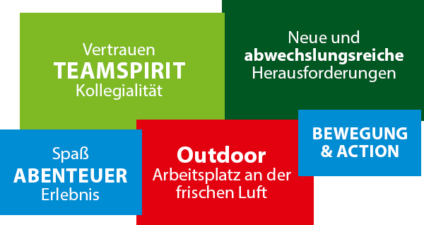 Jobs und Praktika im Hochseilgarten Die Grafik zeigt die 5 Vorteile eines Jobs im Kletterpark: Teamspirit, abwechslungsreich, Abenteuer, Outdoor, Bewegung