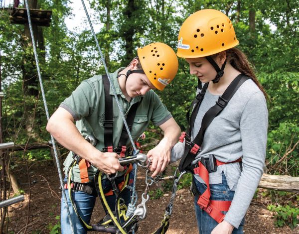 Zwei Jugendliche prfen ihre Sicherungssysteme