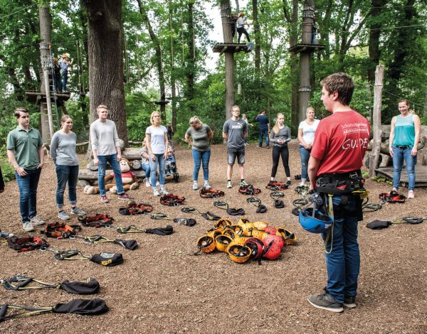 Mitarbeiter unterweist eine Jugendgruppe im Umgang mit den Sicherungssystemen