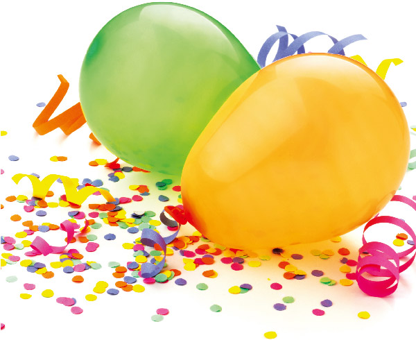 grner und gelber Luftballon mit Konfetti und Luftschlangen