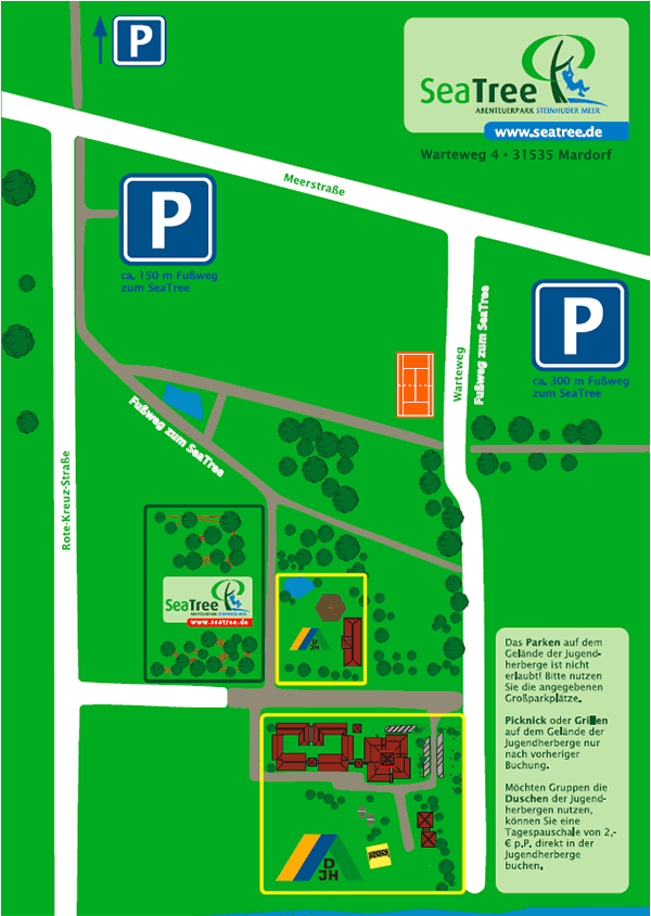 Parkmöglichkeiten am SeaTree Kletterpark Anfahrtsskizze und Parkmöglichkeiten zum SeaTree Klettergarten