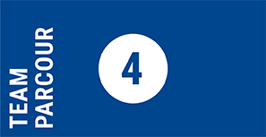 dunkelblaue Grafik mit der Zahl 4 und der Aufschrift Teamparcour